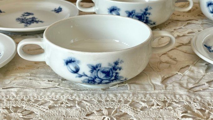 Duo, 1 bol + 1 assiette, décor floral bleu, porcelaine blanche Rosenthal Studio-linie, Germany