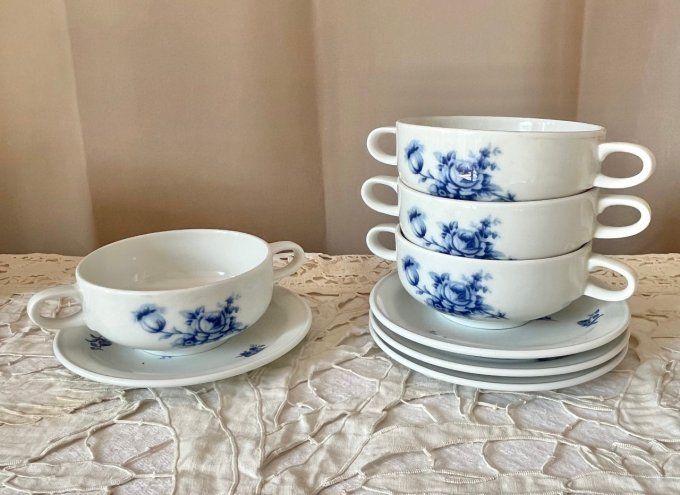 Duo, 1 bol + 1 assiette, décor floral bleu, porcelaine blanche Rosenthal Studio-linie, Germany