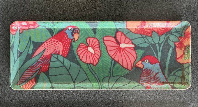 Petit plateau rectangle en fibre de verre, vintage au décor tropical avec un perroquet