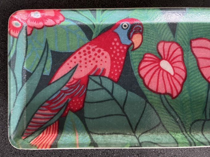 Petit plateau rectangle en fibre de verre, vintage au décor tropical avec un perroquet