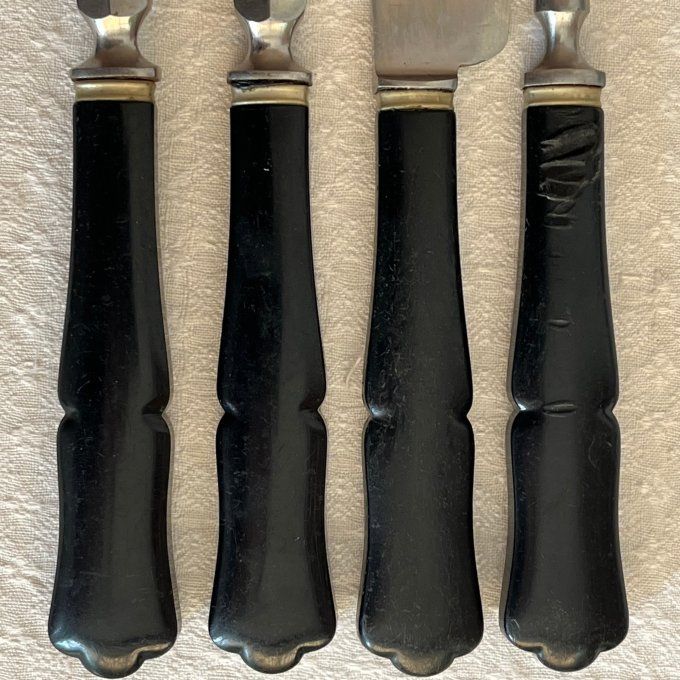 Écrin de couverts anciens, couteaux de table et à dessert et couverts de service