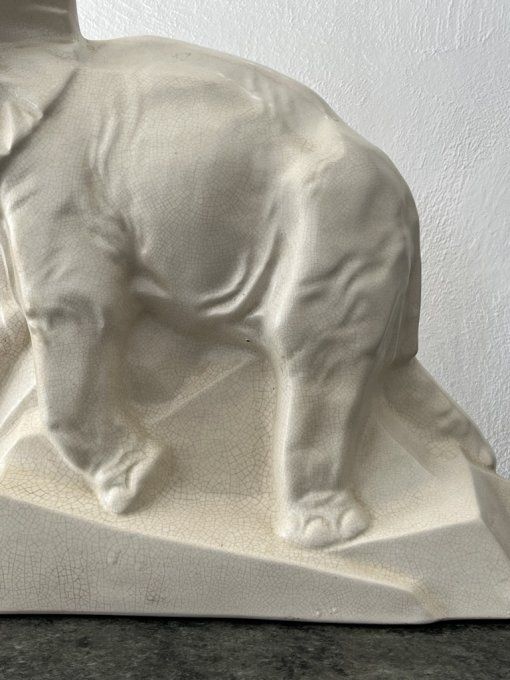 Sculpture en céramique craquelée, Éléphant signé Dolly, Le Jan, 1930