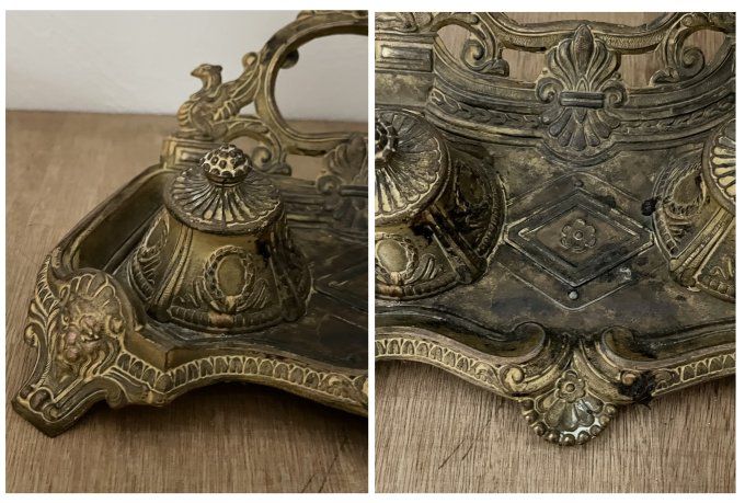 Encrier double ancien de style Néo-Renaissance en métal doré.