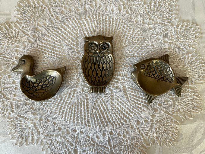 Ensemble de 3 vide poches / cendriers en forme d'animaux, Canard, Hibou et poisson