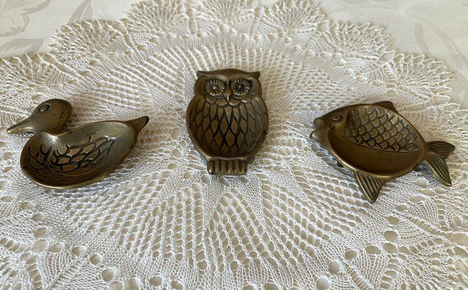Ensemble de 3 vide poches / cendriers en forme d'animaux, Canard, Hibou et poisson