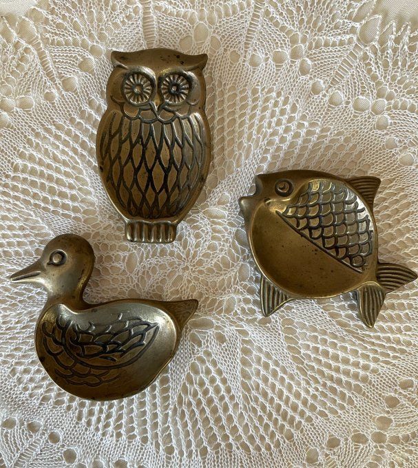 Ensemble de 3 vide poches / cendriers en forme d'animaux, Canard, Hibou et poisson