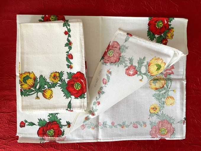 Ensemble de 6 torchons en coton grand teint, frise florale rouge et jaune