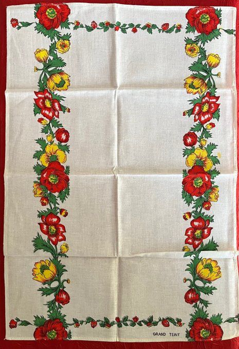 Ensemble de 6 torchons en coton grand teint, frise florale rouge et jaune