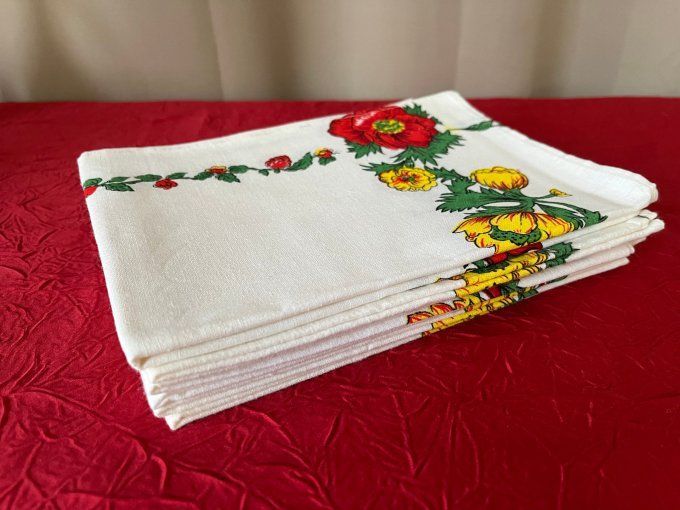 Ensemble de 6 torchons en coton grand teint, frise florale rouge et jaune