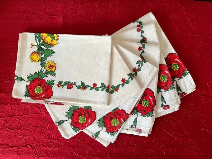 Ensemble de 6 torchons en coton grand teint, frise florale rouge et jaune