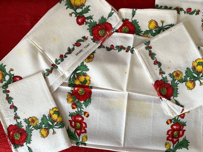Ensemble de 6 torchons en coton grand teint, frise florale rouge et jaune