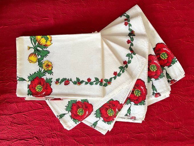 Ensemble de 6 torchons en coton grand teint, frise florale rouge et jaune