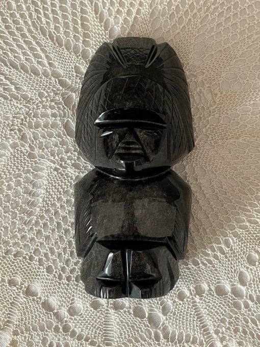 Figurine Maya, Statuette Gardien en Stéatite Noire & Reflets Argentés