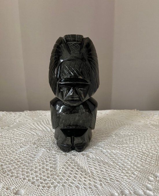Figurine Maya, Statuette Gardien en Stéatite Noire & Reflets Argentés