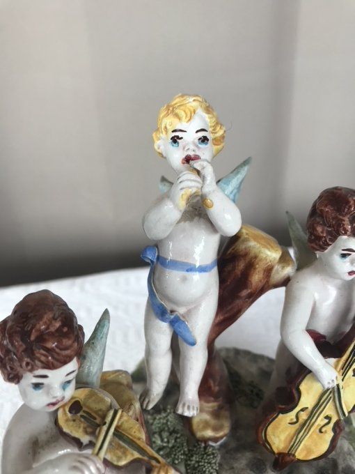 Figurine signée Bassano, 3 petits anges, puttis musiciens, Vintage