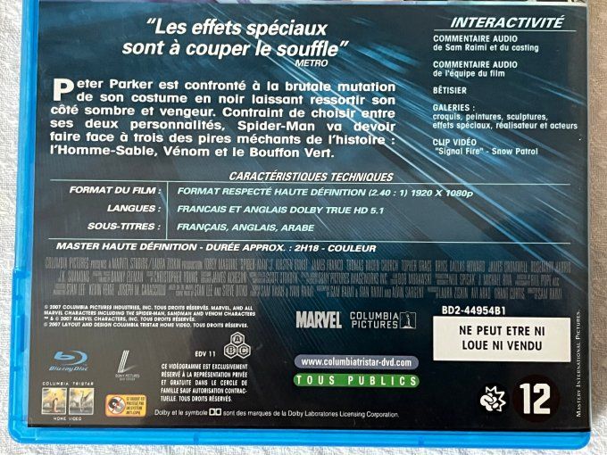 Film, Blu-Ray disc Spider-Man 3, DVD Marvel de 2007