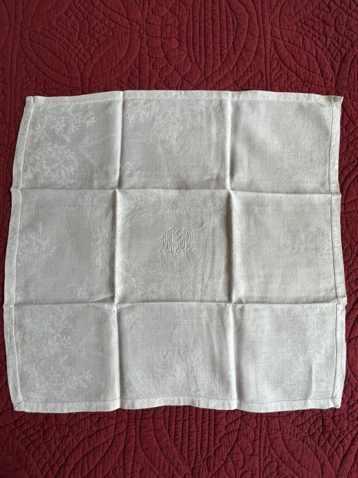 Grande nappe et 12 serviettes en coton damassé, initiales MA