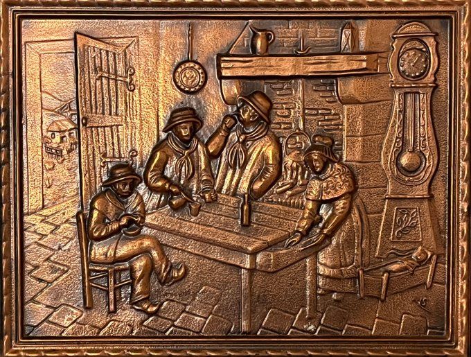 Tableau bas-relief en cuivre repoussé - Scène de vie rustique signée SL