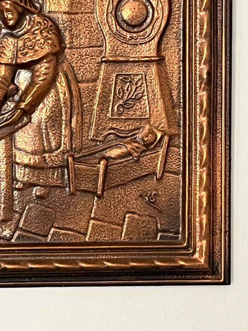 Tableau bas-relief en cuivre repoussé - Scène de vie rustique signée SL