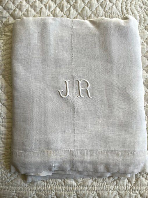 Très grand drap en lin, ancien, brodé JR, Beau tissu souple