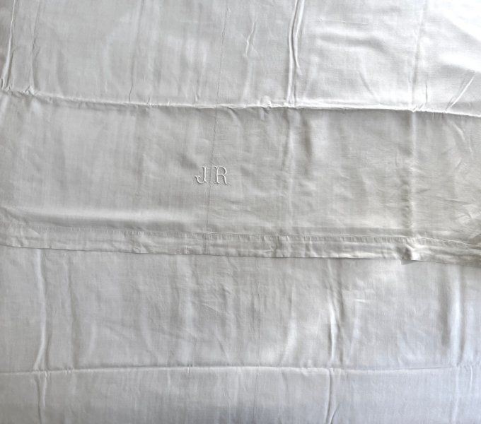 Très grand drap en lin, ancien, brodé JR, Beau tissu souple