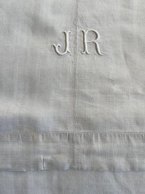 Très grand drap en lin, ancien, brodé JR, Beau tissu souple