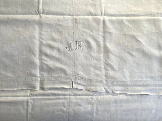 Drap en lin, très grande dimension, Monogramme JR 