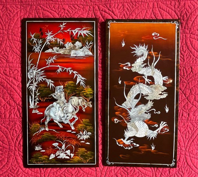Tableau chinois représentant un dragon 龙, laque à incrustation de nacre