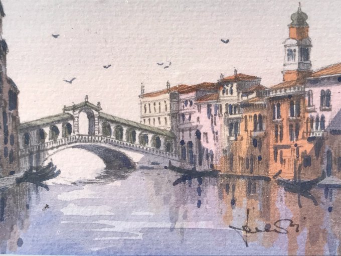 Cadre avec petite peinture vue sur Venise, Pont de Rialto et campanile de Santi Apostoli