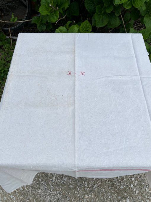 Nappe de vigneron ancienne, initiales JM, en métis ou chanvre