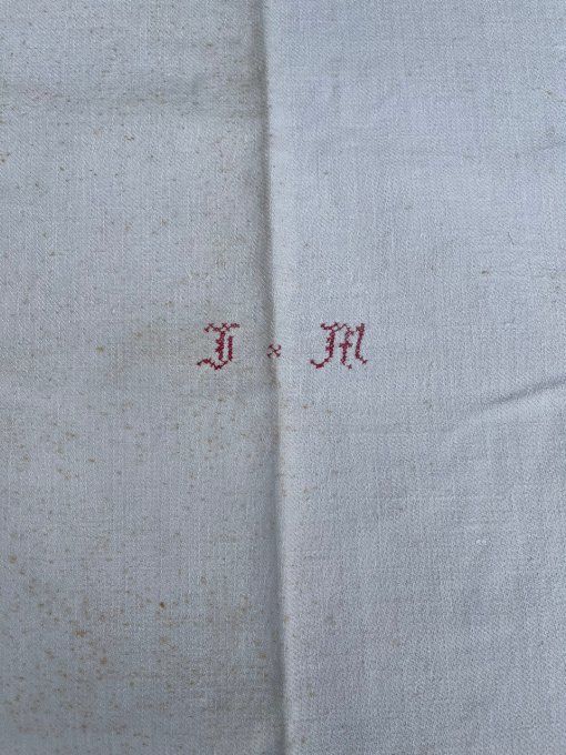 Nappe de vigneron ancienne, initiales JM, en métis ou chanvre