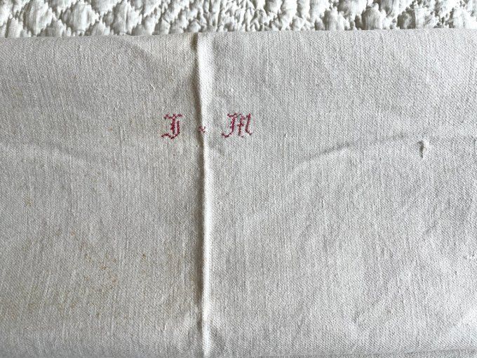 Nappe de vigneron ancienne, initiales JM, en métis ou chanvre