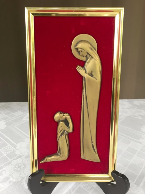 2 sculptures la vierge et l'enfant, en bronze dans cadre, signé Mermet 