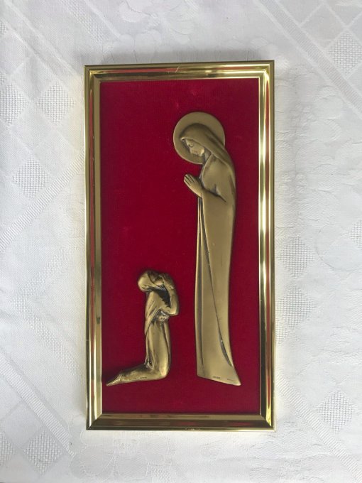 2 sculptures la vierge et l'enfant, en bronze dans cadre, signé Mermet 