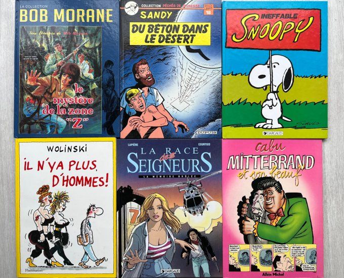 Lot de 6 bandes dessinées, Bob Morane, sandy, Snoopy, Wolonski, Cabu ... 