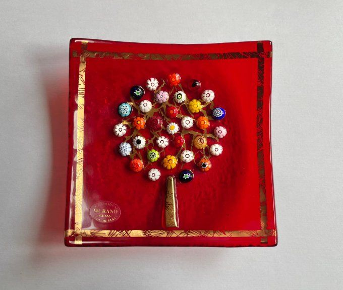 Vide poche, coupelle rouge de Murano, Arbre de vie, decor Millefiori