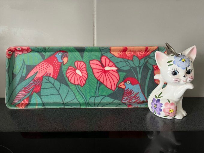 Petit plateau rectangle en fibre de verre, vintage au décor tropical avec un perroquet