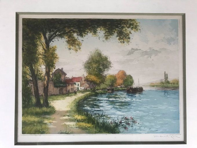 Estampe de Manuel ROBBE, 'Péniche sur le fleuve', encadrée