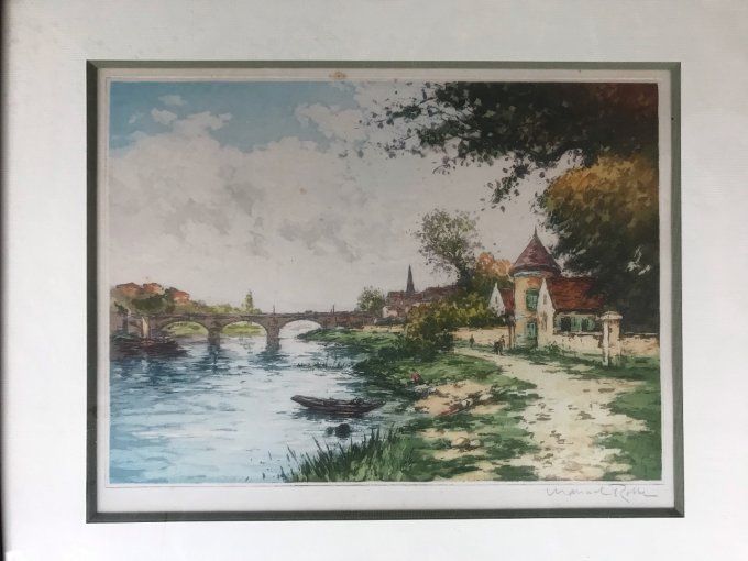 Estampe de Manuel ROBBE, 'Pont du Village', encadrée