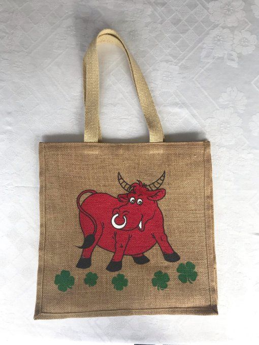 Sac, cabat en jute, motifs Vache et trèfles à 4 feuilles