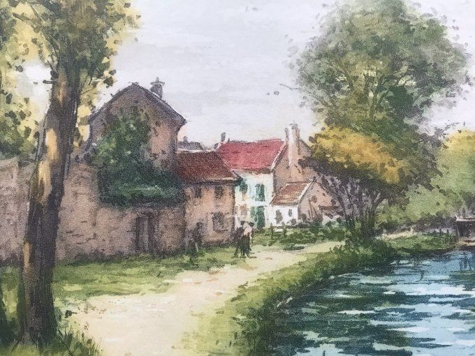 Estampe de Manuel ROBBE, 'Péniche sur le fleuve', encadrée