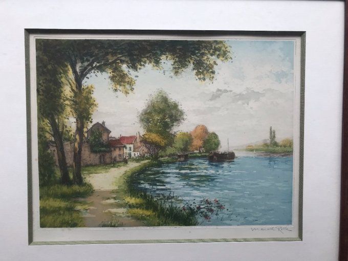 Estampe de Manuel ROBBE, 'Péniche sur le fleuve', encadrée