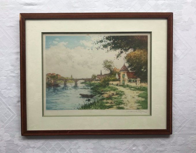 Estampe de Manuel ROBBE, 'Pont du Village', encadrée