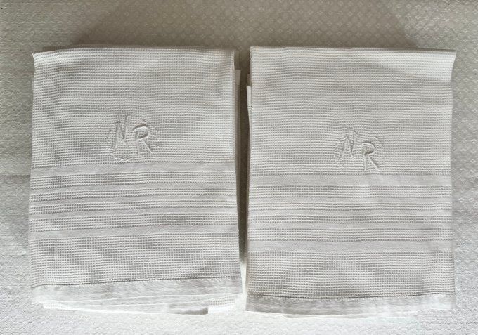 12 Serviettes de toilette blanches, nid d'abeille, brodées NR, Neuves