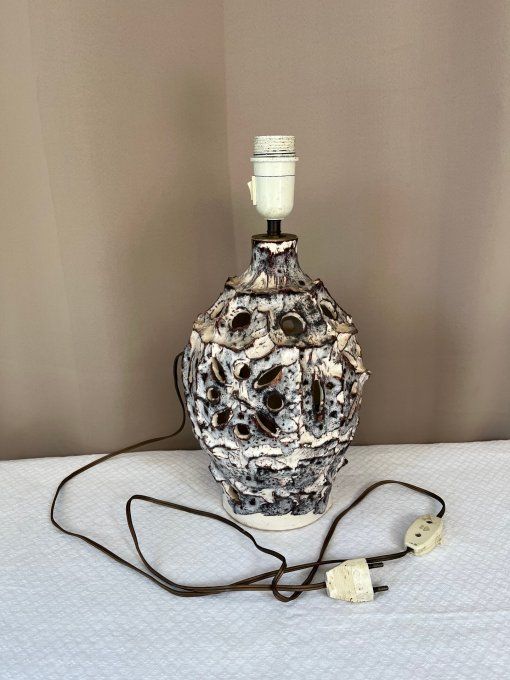 Pied de lampe vintage à double éclairage, en céramique écume de mer, Vallauris
