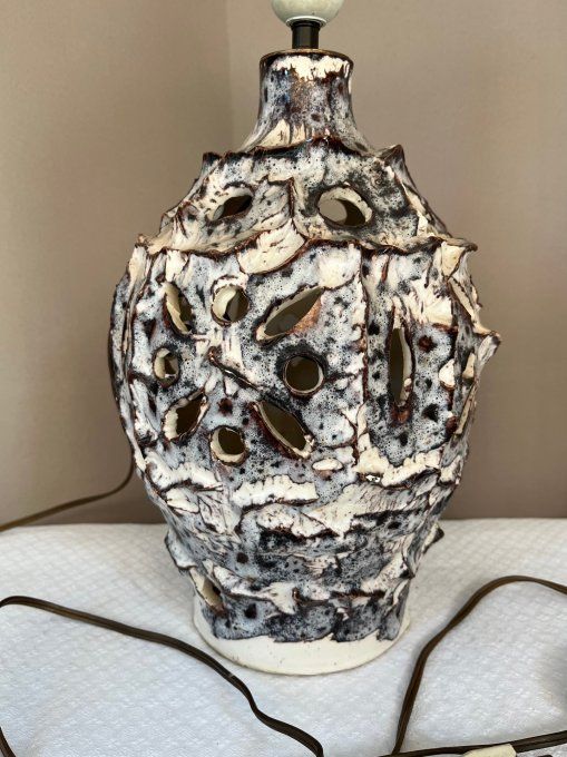Pied de lampe vintage à double éclairage, en céramique écume de mer, Vallauris