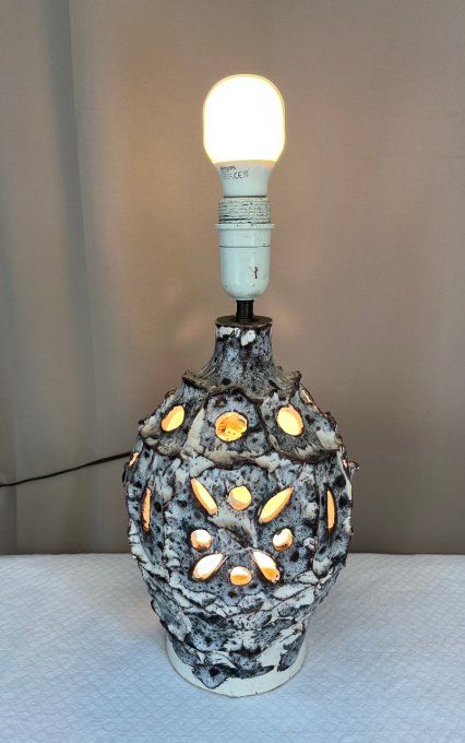 Pied de lampe vintage à double éclairage, en céramique écume de mer, Vallauris