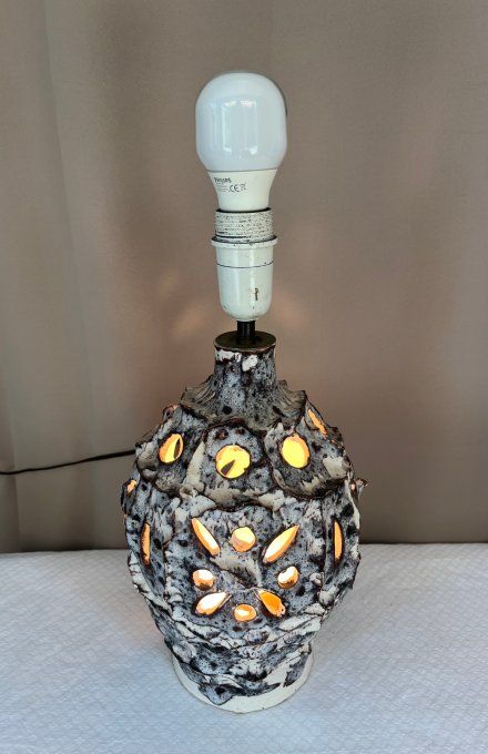 Pied de lampe vintage à double éclairage, en céramique écume de mer, Vallauris