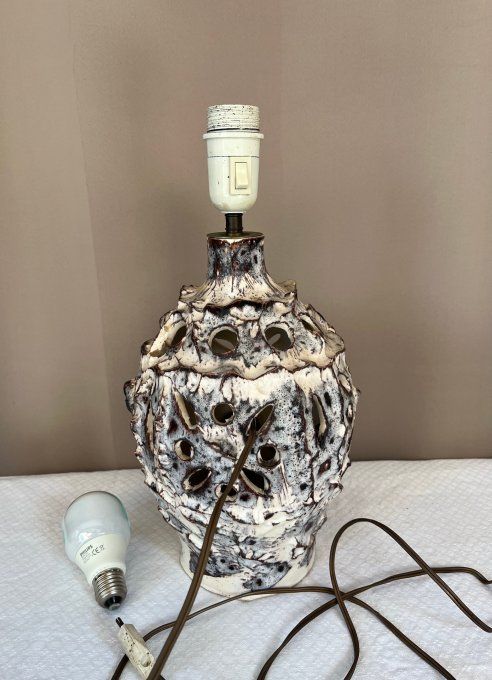 Pied de lampe vintage à double éclairage, en céramique écume de mer, Vallauris