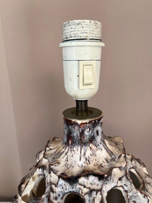 Pied de lampe vintage à double éclairage, en céramique écume de mer, Vallauris